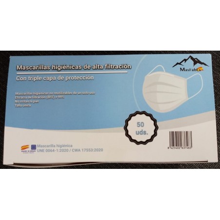 Mascarilla Higiénica Blanca Envase Individual Caja 50uds